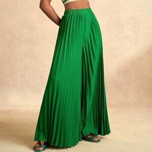 Green Casual Women's Elegant Pleated Wide-Leg Elastic Waist Pants